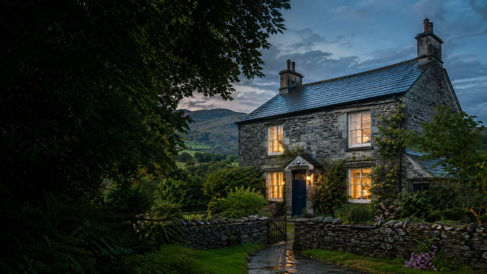 Illustrative stone cottage in the Cumbrian fells