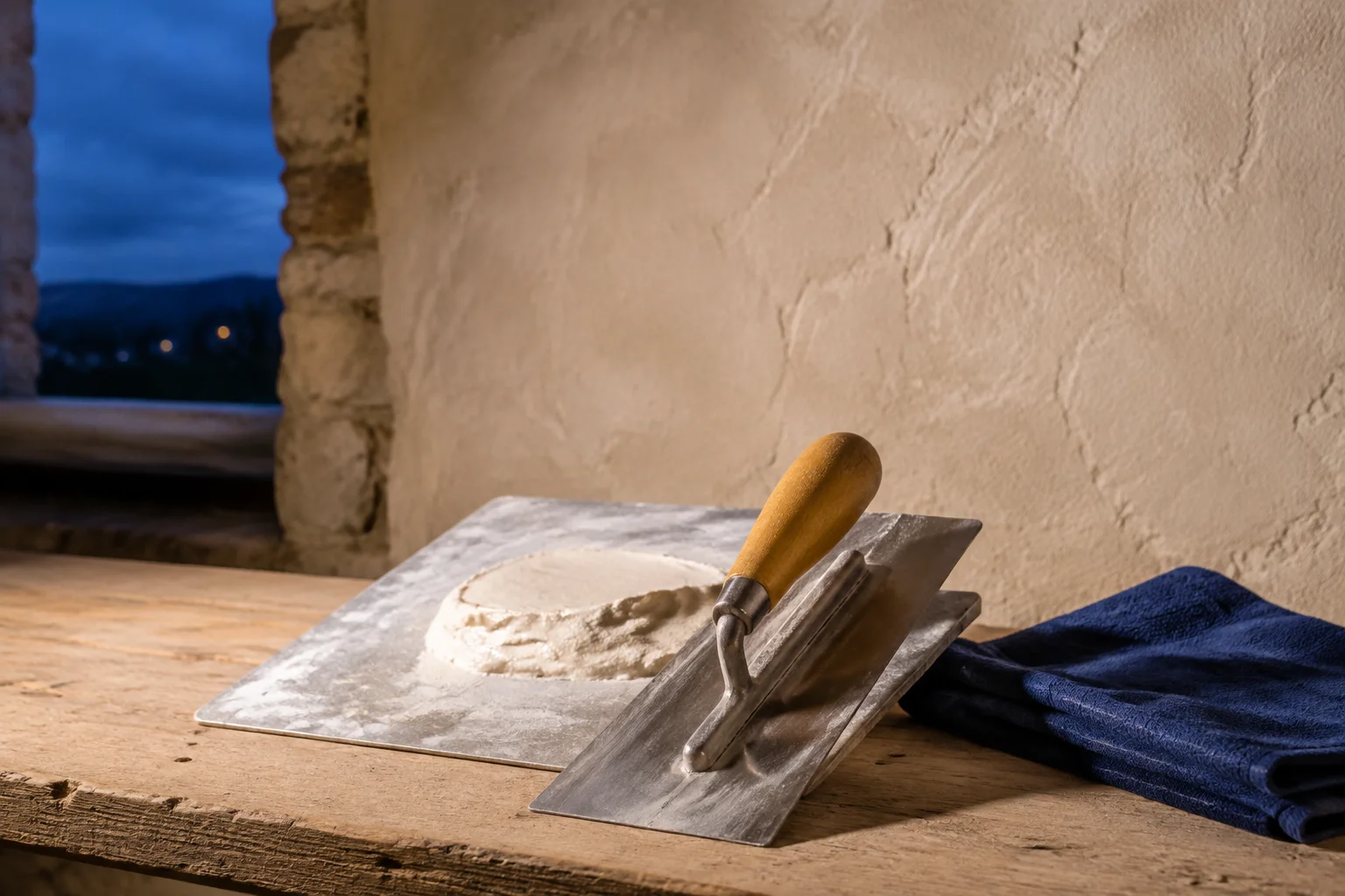 Illustrative photograph of plastering tools and fresh plaster on a workbench
